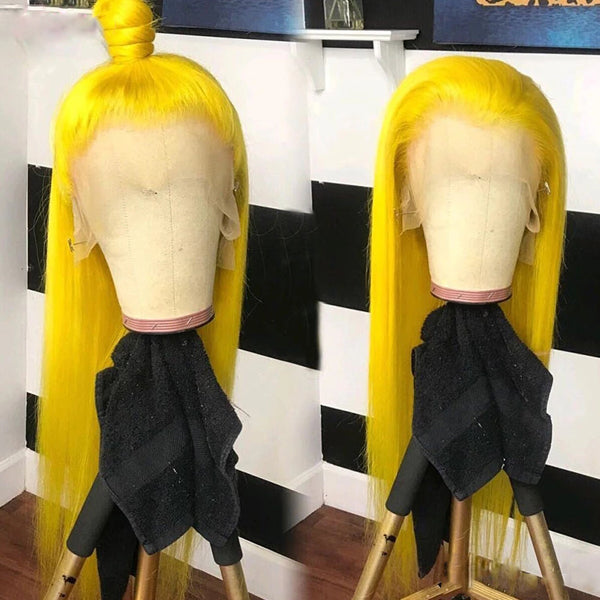 Yellow Colored Straight Human Hair Wigs 13x4 Transparent Lace