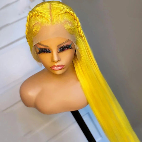 Yellow Colored Straight Human Hair Wigs 13x4 Transparent Lace