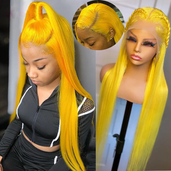 Yellow Colored Straight Human Hair Wigs 13x4 Transparent Lace