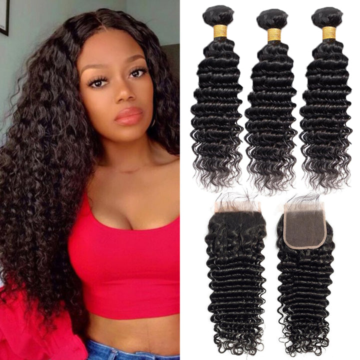 Deep Wave 3 Bundles With 4x4 Lace Closure Brazilian Human Hair - pegasuswholesale