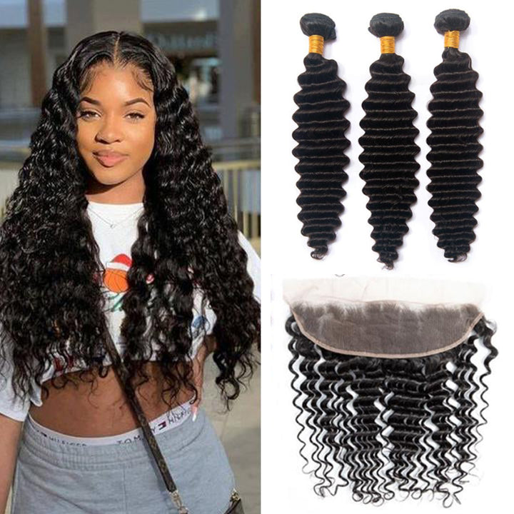 Deep Wave 3 Bundles With 13x4 lace Frontal Peruvian Hair - pegasuswholesale