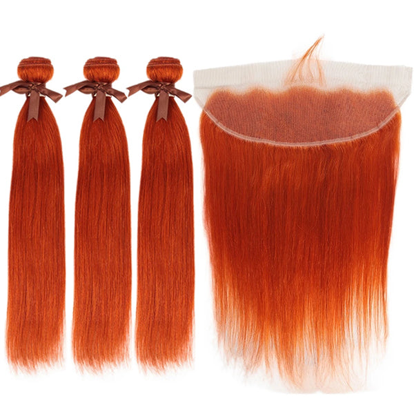 Orange Color 3 Bundles With Closure Frontal Straight Remy Human Hair