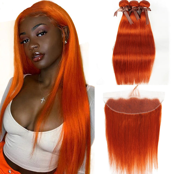 Orange Color 3 Bundles With Closure Frontal Straight Remy Human Hair