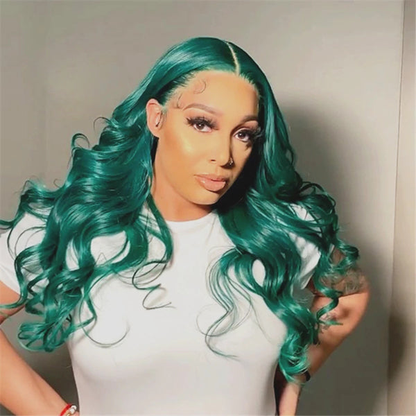Green Colored Lace Frontal Closure Wig Body Wave Human Hair