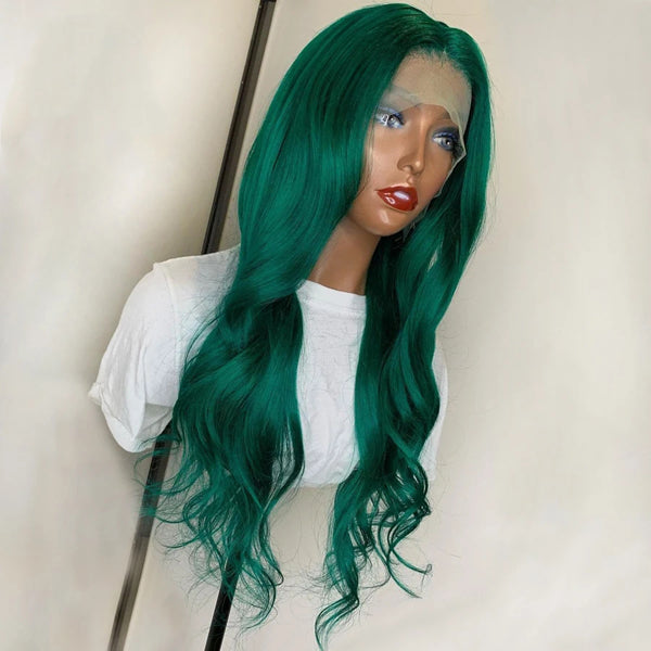 Green Colored Lace Frontal Closure Wig Body Wave Human Hair