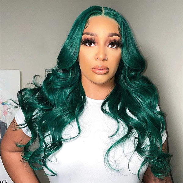 Green Colored Lace Frontal Closure Wig Body Wave Human Hair