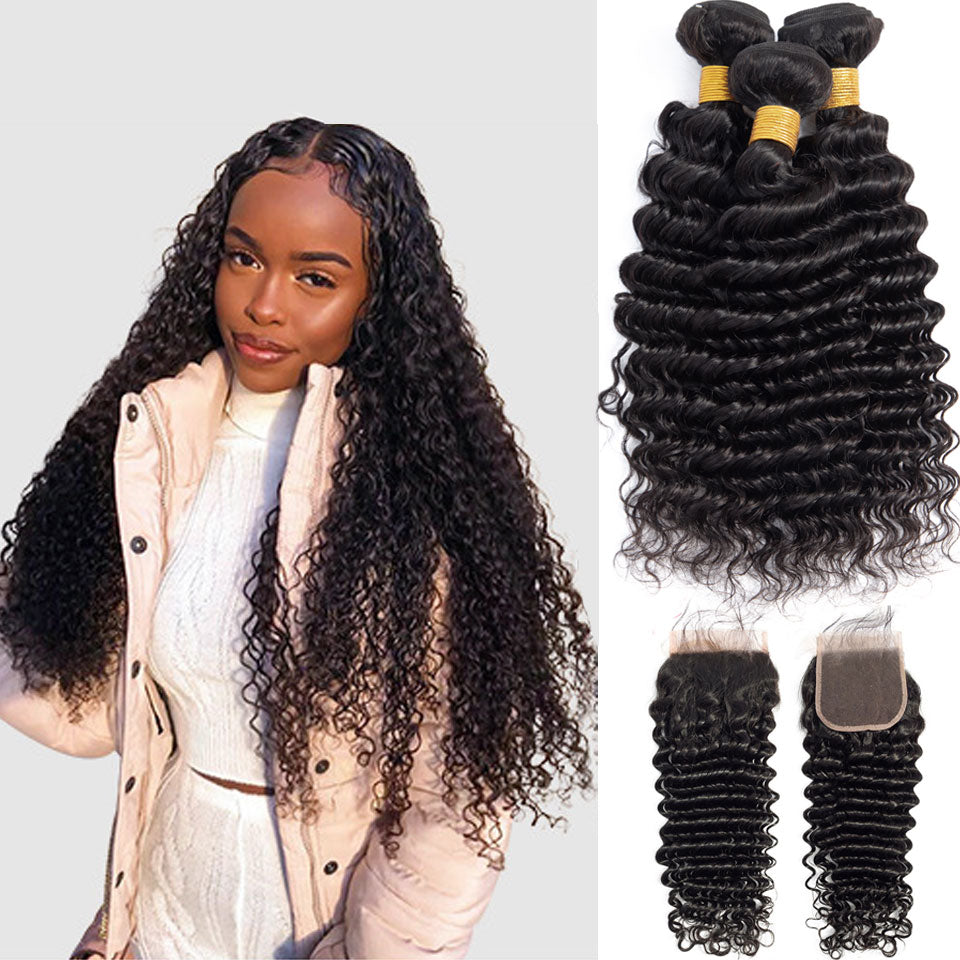 Deep Wave 3 Bundles With 4x4 Lace Closure Brazilian Human Hair - pegasuswholesale