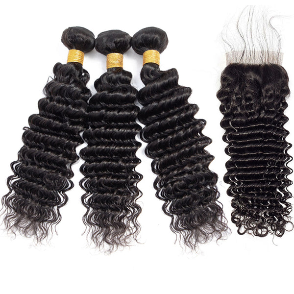 Deep Wave 3 Bundles With 4x4 Lace Closure Brazilian Human Hair - pegasuswholesale