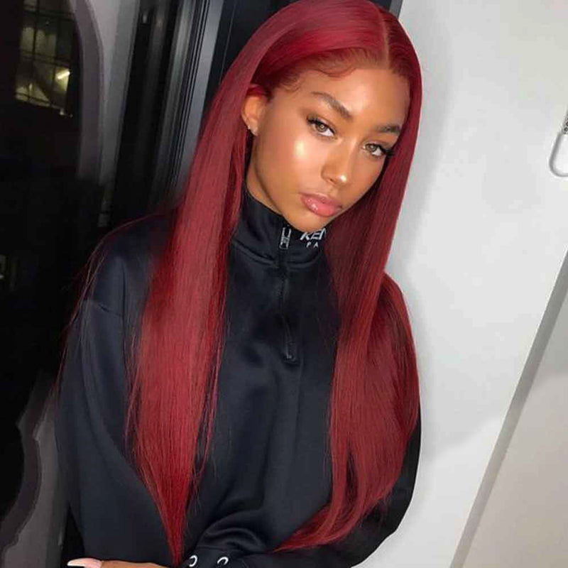 99J Colored Straight Lace Front Wigs Brazilian Human Hair Dark Red Color - pegasuswholesale