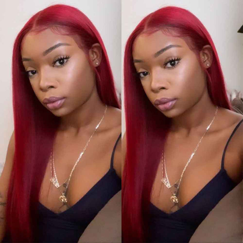 99J Colored Straight Lace Front Wigs Brazilian Human Hair Dark Red Color - pegasuswholesale
