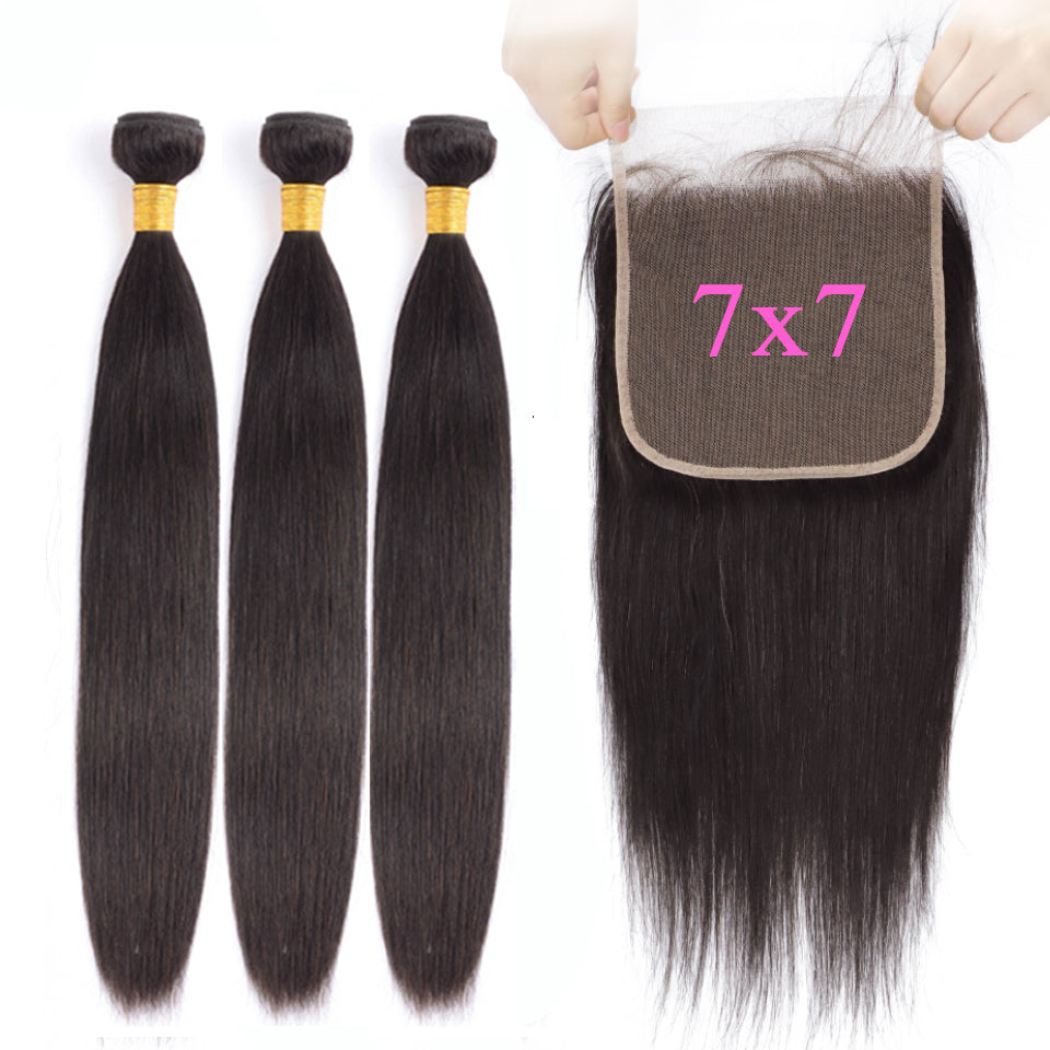 7x7 Transparent Lace Closure With 3 Bundles 8A Straight Hair Weave - pegasuswholesale