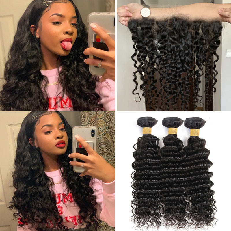 Loose Deep Wave HD Swiss Lace Frontal 13x4 With Bundles Brazilian 【PWH224】 - pegasuswholesale