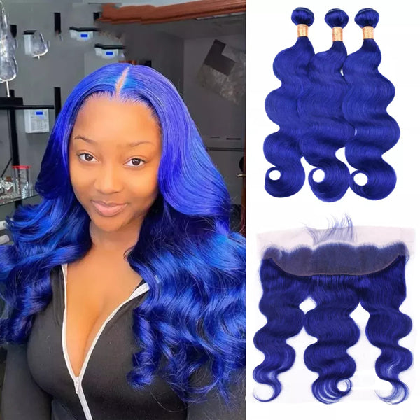 Blue 3 Bundles With Closure Frontal Body Wave Remy Human Hair