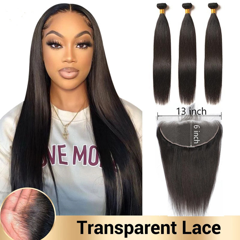 13X6 Transparent Lace Frontal With 2/3/4 Bundles Brazilian Straight Human Hair - pegasuswholesale