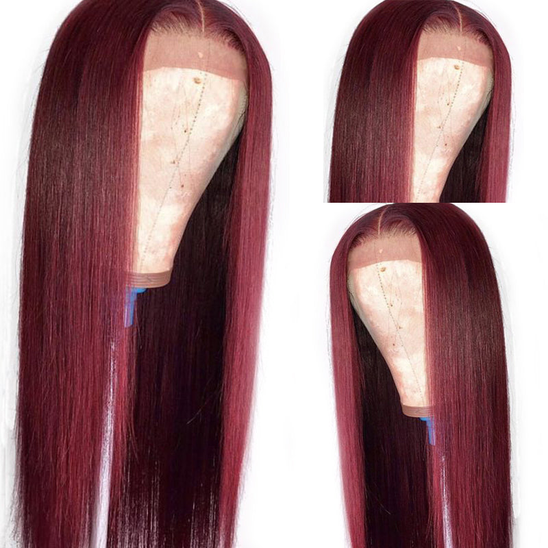99J Colored Straight Lace Front Wigs Brazilian Human Hair Dark Red Color - pegasuswholesale