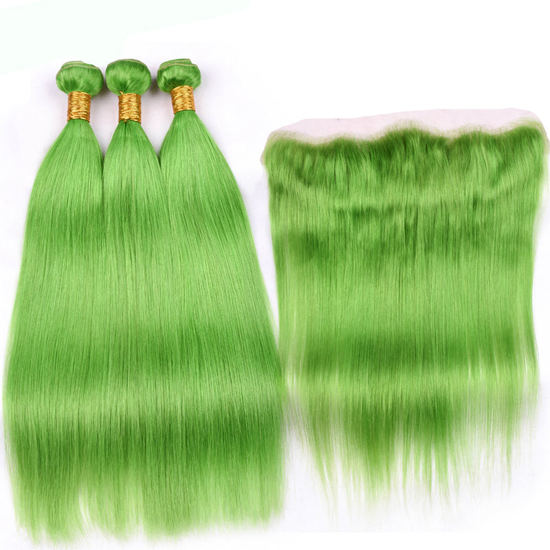 Green Hair 3 Bundles With Lace Frontal Straight Brazilian - pegasuswholesale