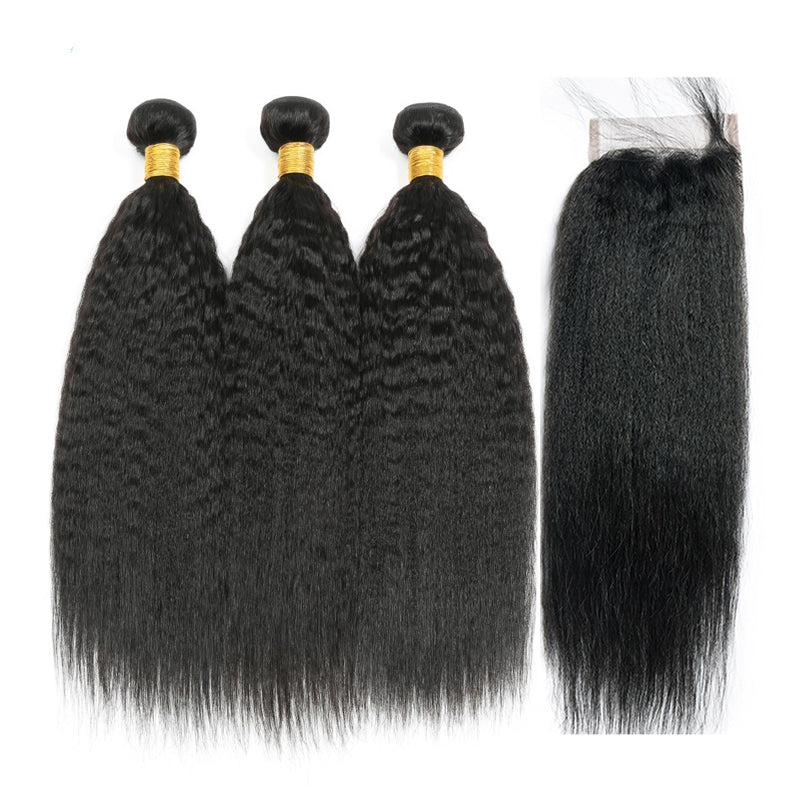 Kinky Straight Hair 3 Bundles With 4*4 Closure Peruvian - pegasuswholesale
