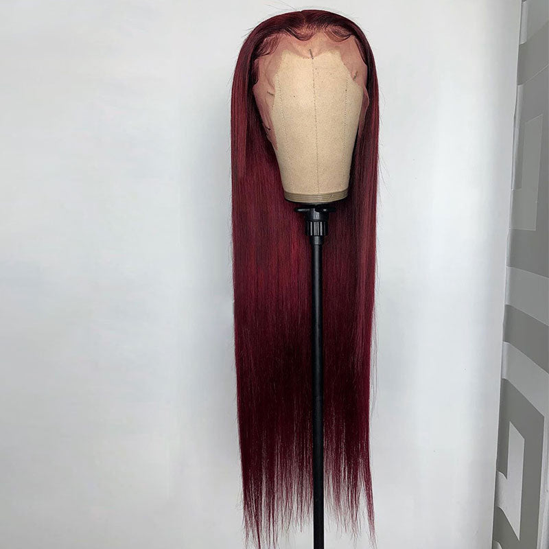 99J Colored Straight Lace Front Wigs Brazilian Human Hair Dark Red Color - pegasuswholesale