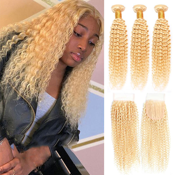 613 Blonde 3 Bundles With 4x4 5x5 6x6 Transparent Lace Closure Kinky Curly - pegasuswholesale