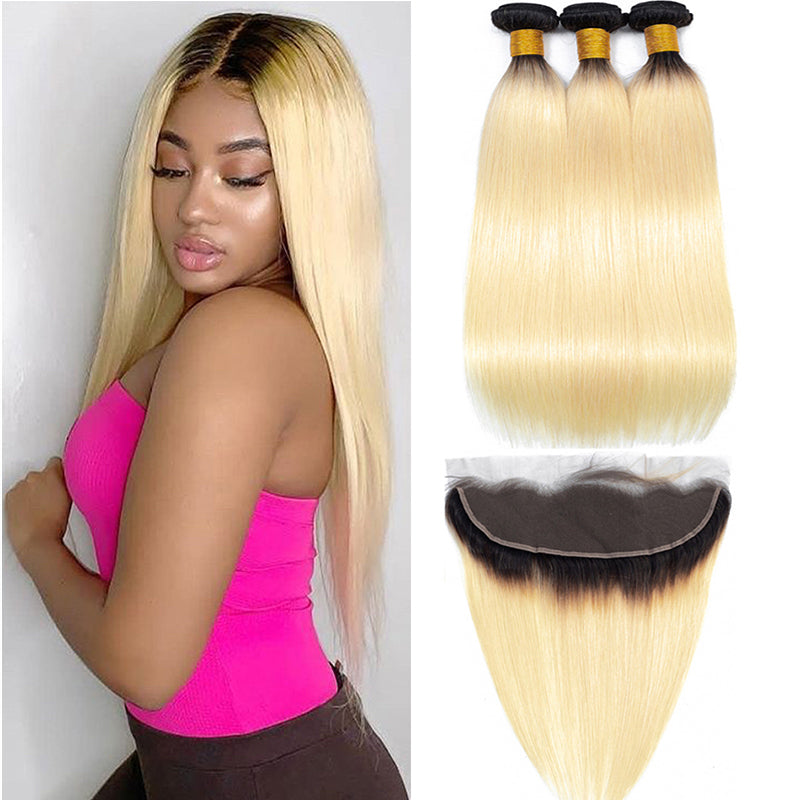 1B 613 Bundles With Frontal Brazilian Straight Human Hair - pegasuswholesale