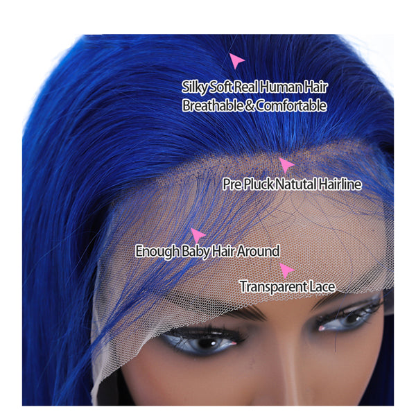 Blue Colored Lace Front Wigs Human Hair Straight / Body Wave Transparent Lace