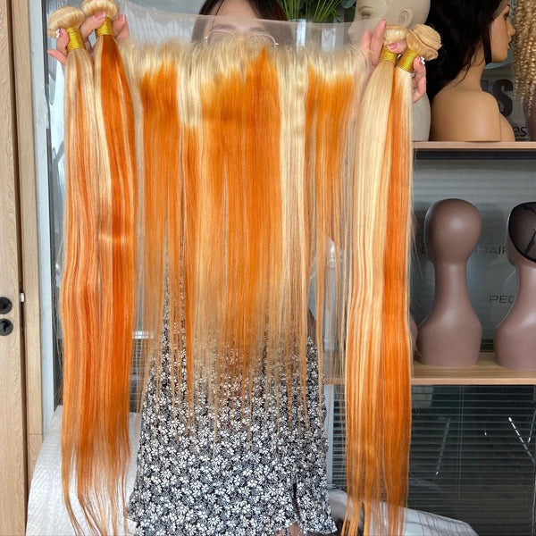 613 Blonde Orange Colored 13x4 Lace Frontal With Bundles Human Hair - pegasuswholesale