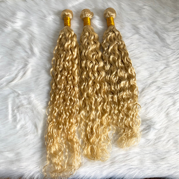 613 Blonde Spanish Wavy 3/4 Bundles Brazilian Hair (Pure color/1B root) - pegasuswholesale