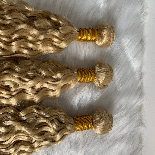 613 Blonde Spanish Wavy 3/4 Bundles Brazilian Hair (Pure color/1B root) - pegasuswholesale