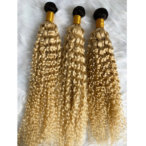 613 Blonde Spanish Wavy 3/4 Bundles Brazilian Hair (Pure color/1B root) - pegasuswholesale