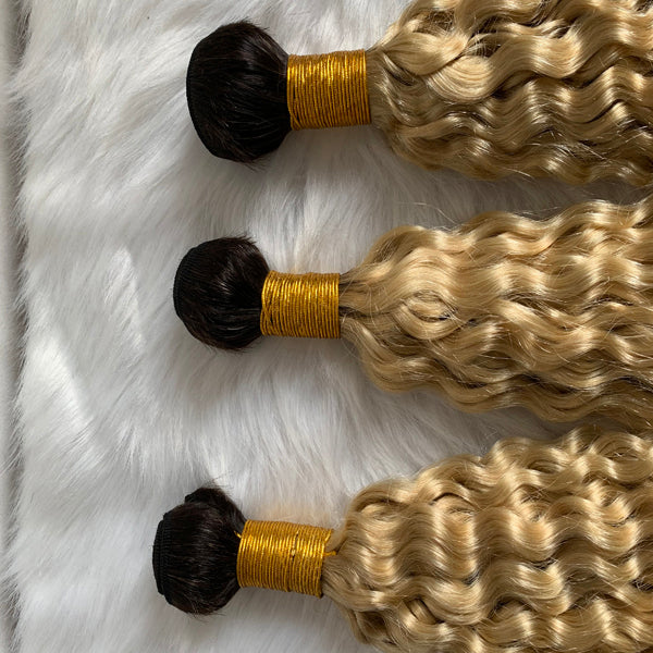 613 Blonde Spanish Wavy 3/4 Bundles Brazilian Hair (Pure color/1B root) - pegasuswholesale