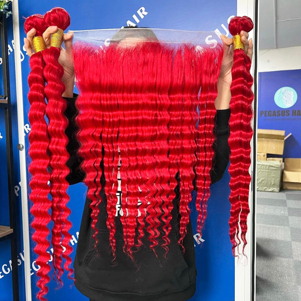 Red hair bundles with frontal deep wave deal hot selling - pegasuswholesale