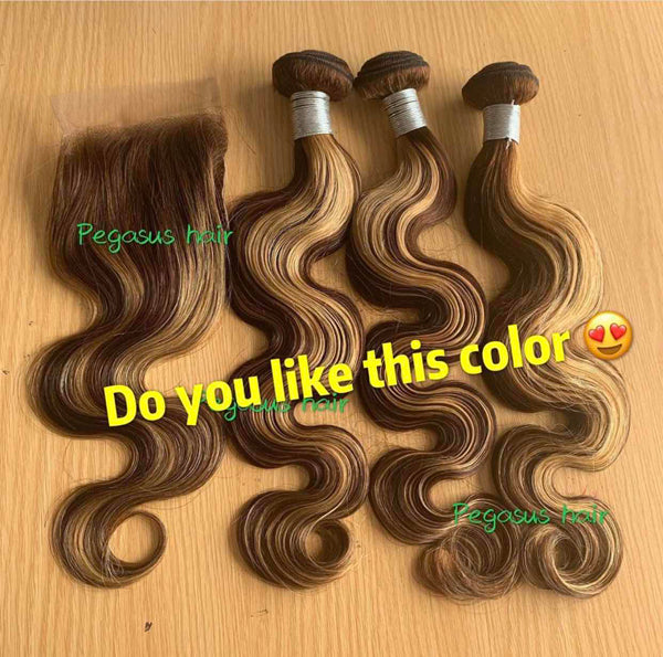 4-27 Ombre Brown Body Wave 3/4 Bundles With Closure Frontal Human Hair 【PWHBW02】 - pegasuswholesale