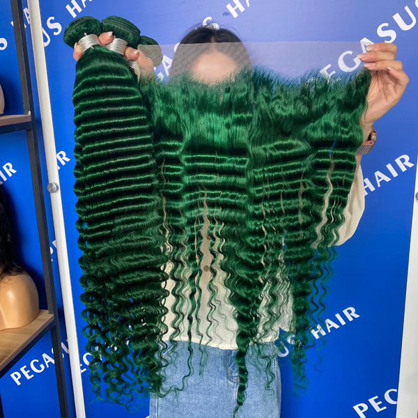 Green 3 Bundles With Closure Frontal Deep Wave Transparent Lace Remy Human Hair - pegasuswholesale