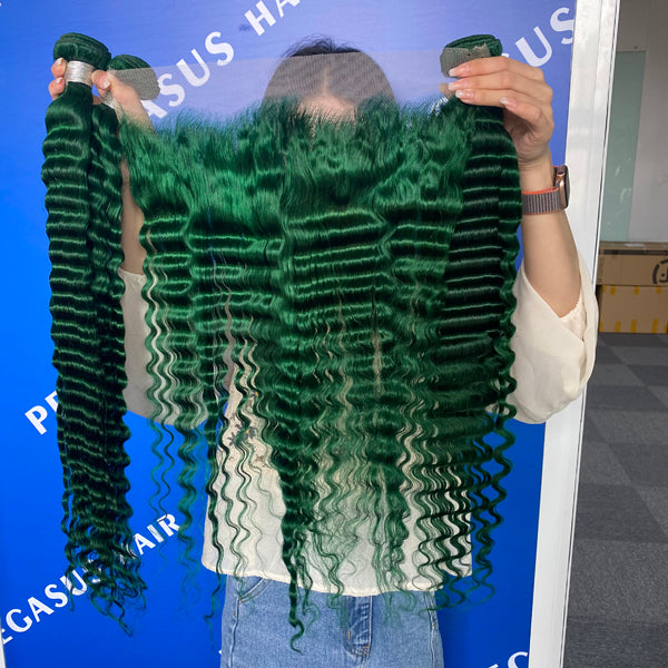Green 3 Bundles With Closure Frontal Deep Wave Transparent Lace Remy Human Hair - pegasuswholesale