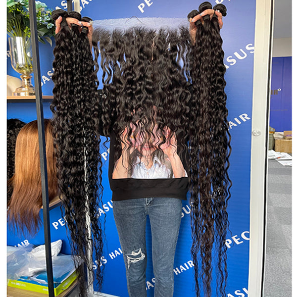 40 50 inches Bundles With Frontal Closure Human Hair Natural Wave Curly - pegasuswholesale