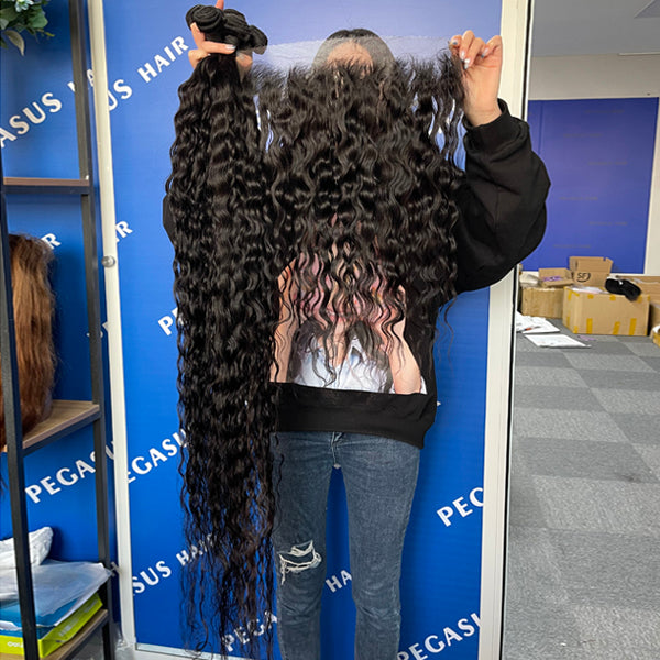 40 50 inches Bundles With Frontal Closure Human Hair Natural Wave Curly - pegasuswholesale