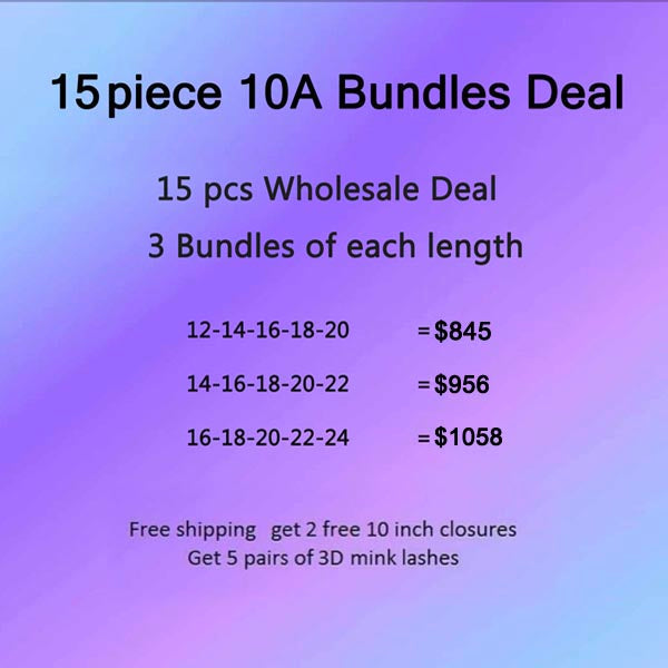 10A Virgin Human Hair Bundles Deal 15 Piece WHOLESALE