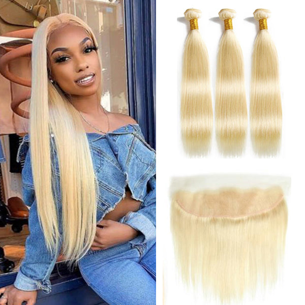 613 Blonde Straight 3 Bundles With 13x4 Frontal Brazilian Hair Weave - pegasuswholesale