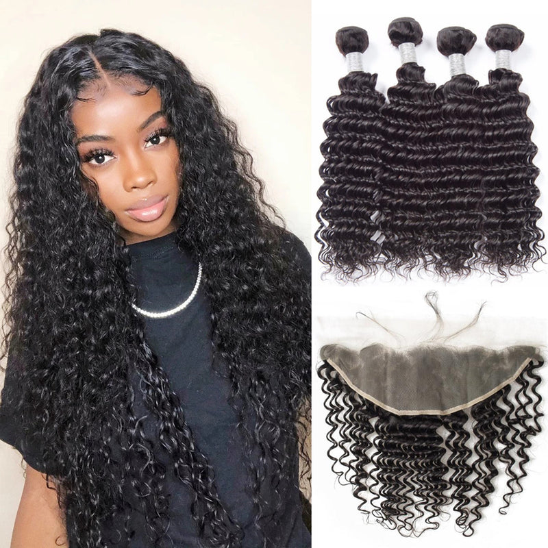 Deep Wave Bundles With 13x4 Frontal Transparent Lace - pegasuswholesale