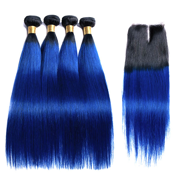 Blue 3 Bundles With Closure Frontal Straight Remy Human Hair