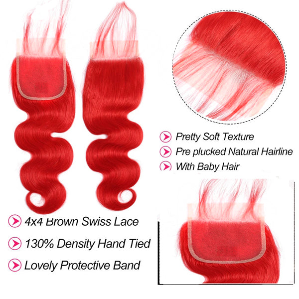 Red hair bundles with frontal closure body wave 4x4 5x5 13x4" transparent lace - pegasuswholesale
