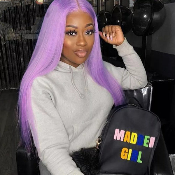 Purple Straight Lace Frontal Closure Wigs Virgin Human Hair Short Bob