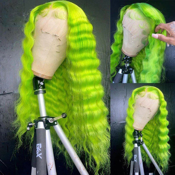 Light Green Colored Deep Wave Transparent 13x4 Lace Frontal Human Hair Wig - pegasuswholesale