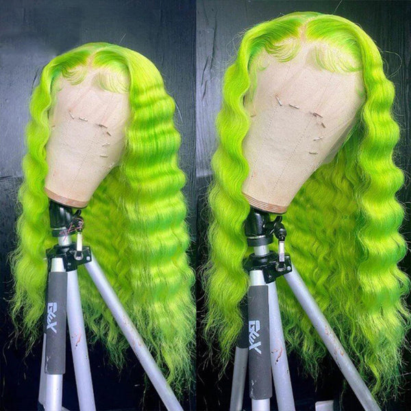 Light Green Colored Deep Wave Transparent 13x4 Lace Frontal Human Hair Wig - pegasuswholesale