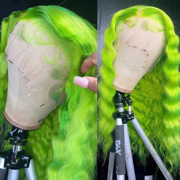 Light Green Colored Deep Wave Transparent 13x4 Lace Frontal Human Hair Wig - pegasuswholesale