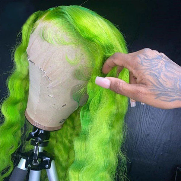 Light Green Colored Deep Wave Transparent 13x4 Lace Frontal Human Hair Wig - pegasuswholesale