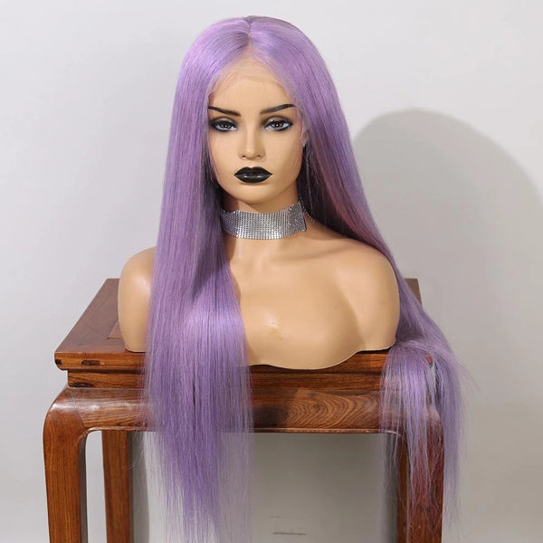 Light Purple Straight Lace Frontal Closure Wigs Virgin Human Hair Short Bob