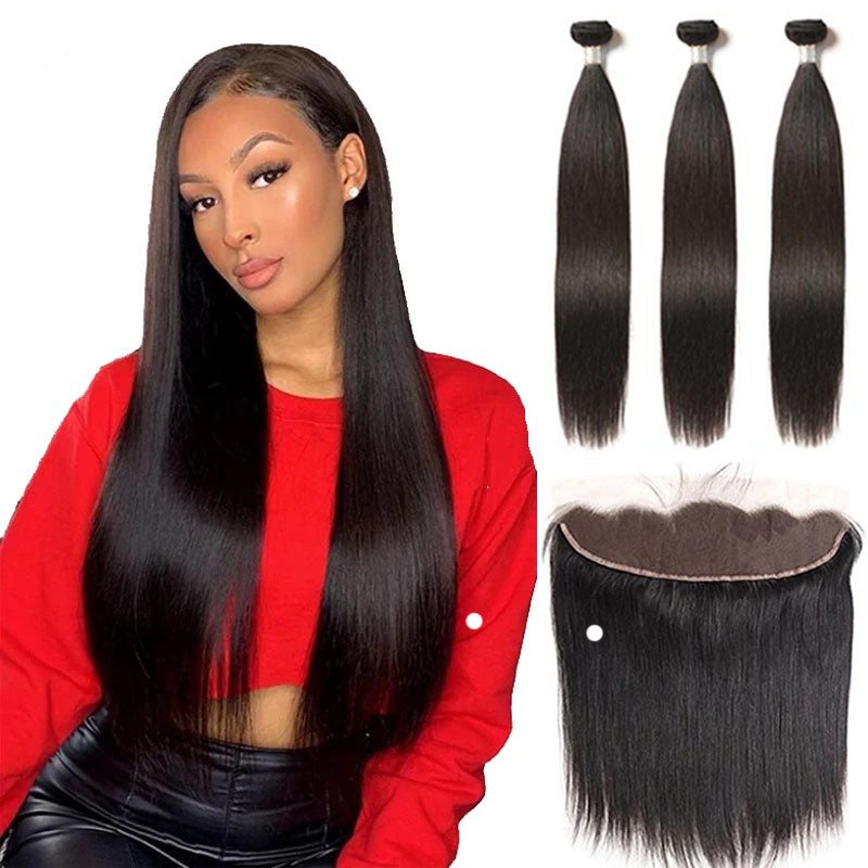 13x4 Lace Frontal With Bundles Straight Human Hair Brazilian - pegasuswholesale