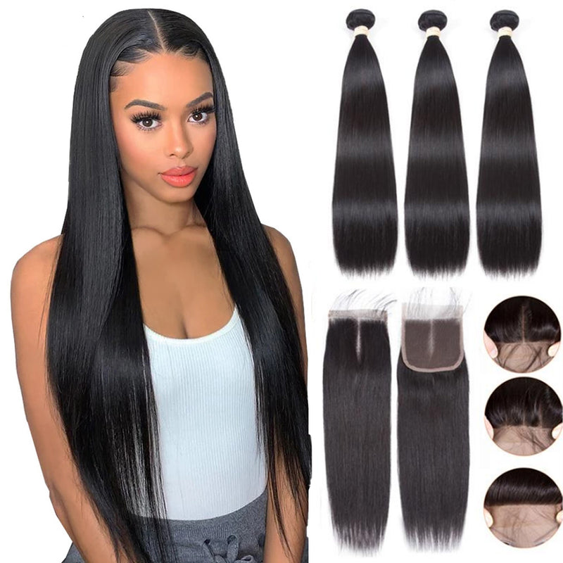 3 Bundles With 4x4" lace Closure Brazilian Hair Straight - pegasuswholesale
