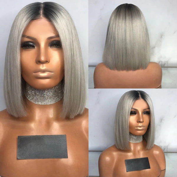 Grey Short Bob Lace Front Wig, 180% Density Straight【PEG012】 - pegasuswholesale